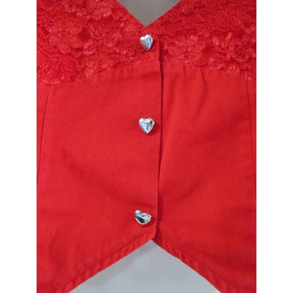 Vintage Banjo Red Heart Cut Out Buttons Crop Top Lace Accent USA Made Ladies M - Picture 15 of 16